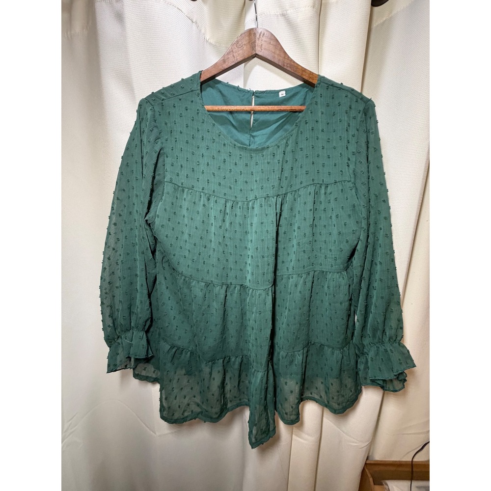 Womens Dark Green Swiss Dot Tiered Babydoll Blouse Long Sleeve Ruffle Cuff Top M